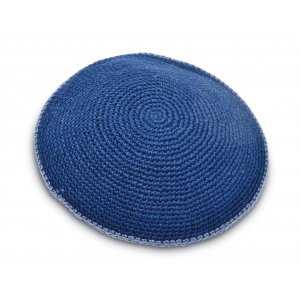 Small Flat DMC Kippah - Solid Blue with Light Blue Border