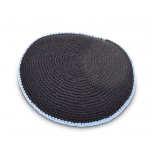 Small Flat Kippah , Hand Knitted Cotton - Black Light Blue Border