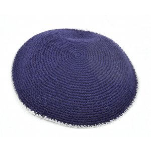Kippah, Hand Knitted - Solid Navy Blue with Silver Border