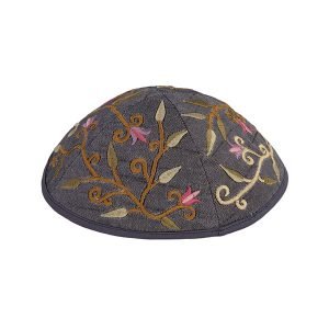 Yair Emanuel Kippah, Embroidered Flowers and Leaves - Gray