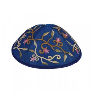 Yair Emanuel Kippah, Embroidered Flowers and Leaves - Royal Blue