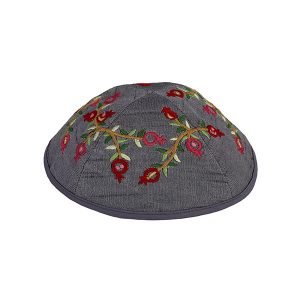 Yair Emanuel Kippah  Embroidered Red Pomegranates on Gray