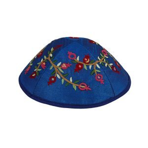 Yair Emanuel Kippah  Embroidered Red Pomegranates on Royal Blue