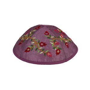 Yair Emanuel Kippah  Embroidered Red Pomegranates on Purple