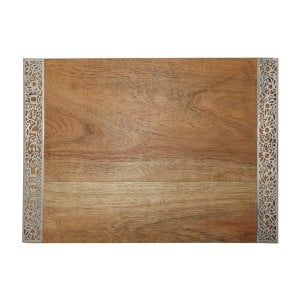 Yair Emanuel Grained Wood Challah Board with Decorative Metal Cutout Border