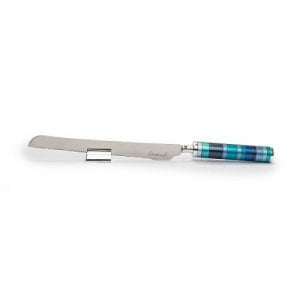 Yair Emanuel Stainless Streel Challah Knife with Stand - Decorated Blue Handle