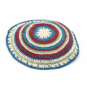 Hand Knitted Premium DMC Cotton Kippah - Beige, Maroon and Green Stripes
