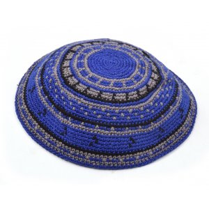Hand Knitted Premium DMC Cotton Kippah - Royal Blue and Gray Stripes