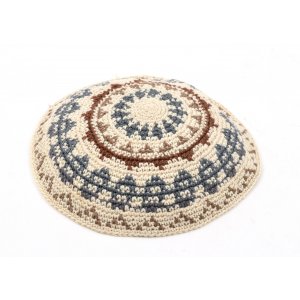 Hand Knitted Premium DMC Cotton Kippah -Cream, Green and Brown Stripes