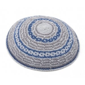 Hand Knitted Premium DMC Cotton Kippah - Blue and Gray Stripes