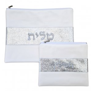 Off-White Faux Leather Tallit and Tefillin Bag – Glittering Silver Embroidery