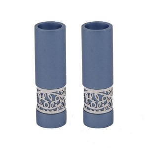 Yair Emanuel Small Shabbat Candlesticks, Silver Pomegranate Band - Blue