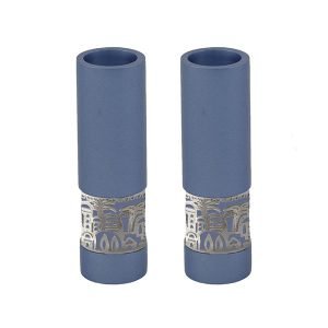 Yair Emanuel Small Shabbat Candlesticks, Silver Jerusalem Band - Blue
