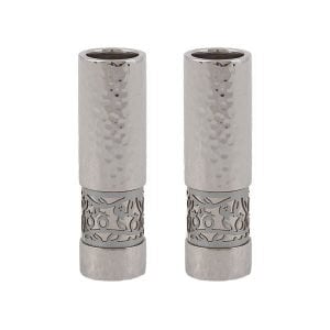 Yair Emanuel Small Shabbat Candlesticks, Silver Pomegranate Band - Hammered