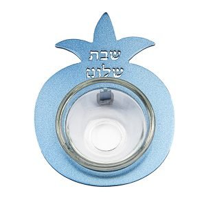 Yair Emanuel Pomegranate Salt Holder with Glass Dish, Shabbat Shalom - Blue