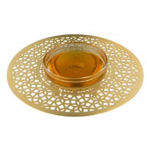 Dorit Judaica Gold Plated Honey Dish, Glass Bowl - Geometric Motif