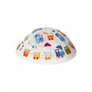 Yair Emanuel Kippah for Children – Embroidered Colorful Trains on White