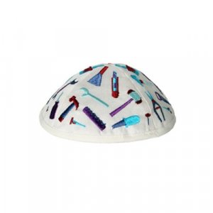 Yair Emanuel Kippah for Children  Embroidered Tools on White