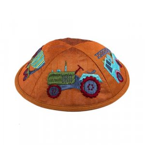 Yair Emanuel Kippah for Children  Embroidered Colored Trucks on Orange