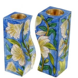 Yair Emanuel Hand-Painted Wood Fitted Candlesticks, Blue - White Flowers
