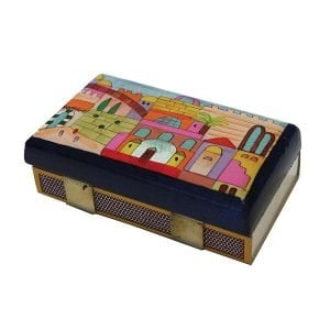 Yair Emanuel Wood Match Box Holder, Large  Painted Colorful Jerusalem