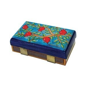 Yair Emanuel Wood Match Box Holder, Large - Painted Leafy Pomegranates