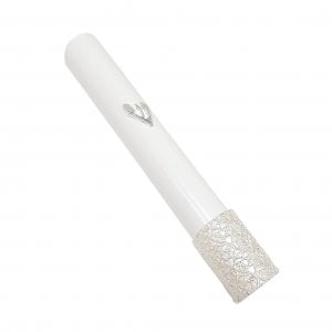 White Wood Rounded Mezuzah Case, Shin and Filigree Design in Sterling Silver