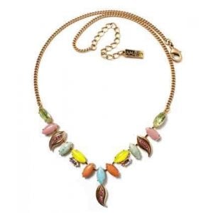 Amaro, Handmade Gold Necklace with Colorful Leaf Shapes - Semi Precious Stones