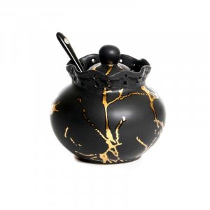 Pomegranate Ceramic Honey Dish with Lid and Spoon - Black with Gold Streaks