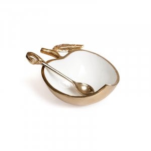 Apple Shape Gold Rim Honey Dish with Spoon - White