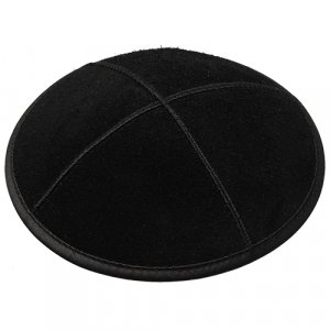 Black Suede Kippah Four Panel Yarmulke With Border Ribbon