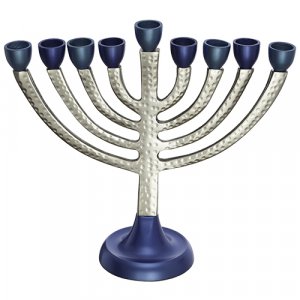 Chanukah Menorah, Classic Design in Hammered Aluminum - Silver and Blue