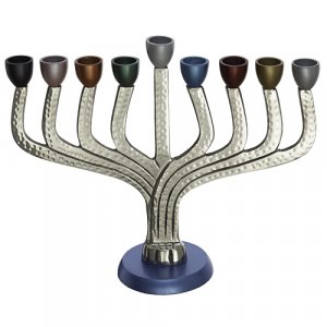 Chanukah Menorah Classic Design, Hammered Aluminum - Multicolors