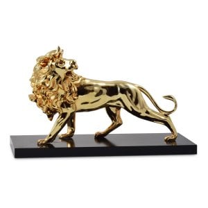 Gold Roaring Lion of Judah Figurine on Wood Base