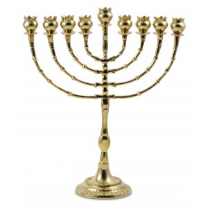 Tall Brass Chanukah Menorah, Cups with Pomegranate Design - 16 Inches