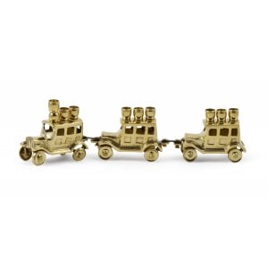 Child's Chanukah Menorah, Cars with Candle Holders on Roof, Brass - 10 Inches