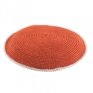 Flat Orange DMC Knitted Kippah with White Border
