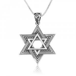 Sterling Silver Double Star of David Pendant Necklace  Beaded and Smooth Design