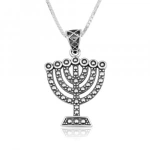 Sterling Silver Pendant Necklace, Seven Branch Menorah  Beaded Artwork Design