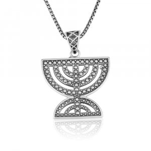 Sterling Silver Pendant Necklace, Double 7-Branch Menorah  Beaded Artwork