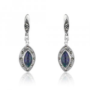Sterling Silver Drop Earrings, Marquise Shaped Eilat Stone in Marcasite Stones Frame