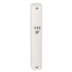 Rounded White Extra Large Plastic Mezuzah Case - Silver Shin