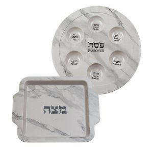 Set, Melamine Passover Seder Plate and Matzah Tray - Gray Marble Design