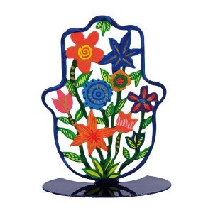 Yair Emanuel Small Hand Painted Hamsa on Stand – Colorful Flowers