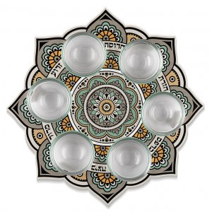 Dorit Judaica Raised Seder Plate with Bowls - Mustard, Gray and Black Mandala