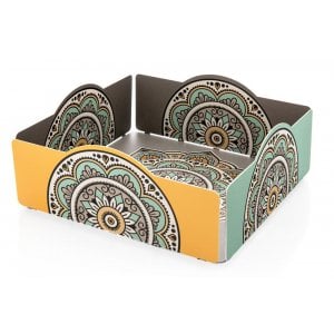 Dorit Judaica Matzah Tray with Mandala Design - Turquoise and Mustard