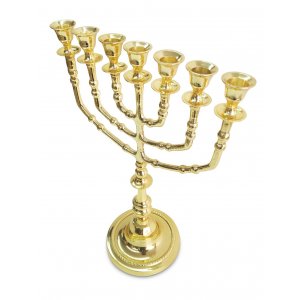 Seven Branch Decorative Menorah, Gleaming Gold Brass - 14"
