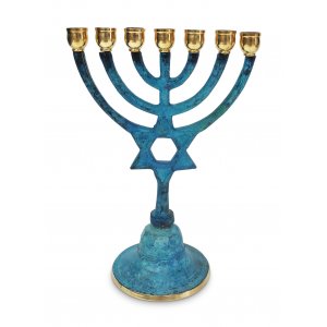 Small Seven Branch Menorah with Star of David on Stem, Blue Patina – 7.5"