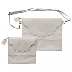 Faux Leather Tallit and Tefillin Bag with Shoulder Strap, Embossed Crown – White