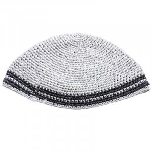 Hand Made White Frik Kippah with Gray Border Stripes